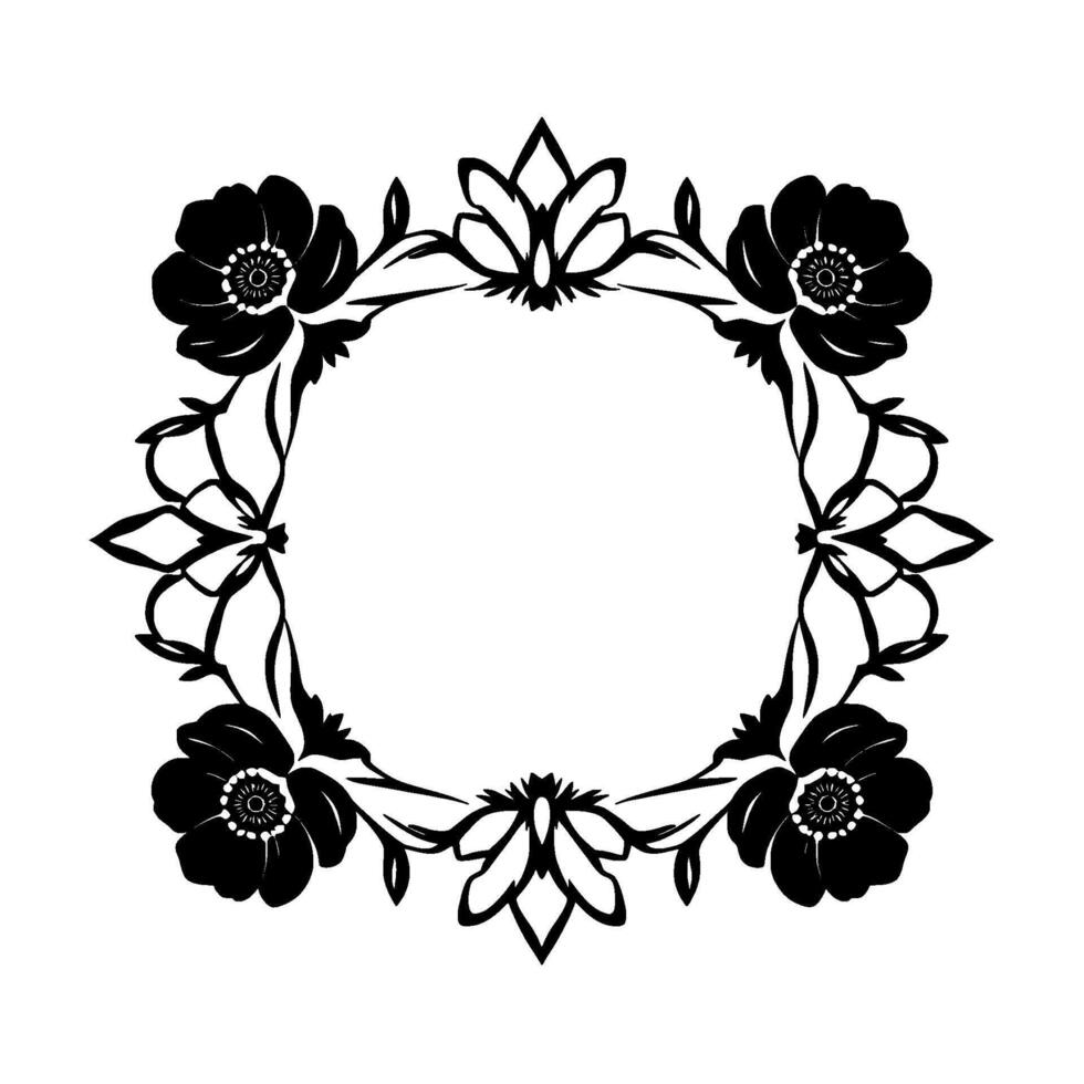 Intricate Floral Wreath in Silhouette A symmetric featuring four prominent black poppylike flowers, surrounded by stylized foliage, forming an elegant, circular frame on a white background. vector