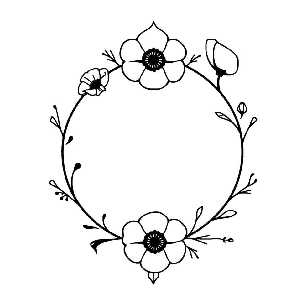 Simple and elegant black and white floral wreath, featuring anemone flowers, buds, and delicate foliage arranged in a circular, minimalist . vector