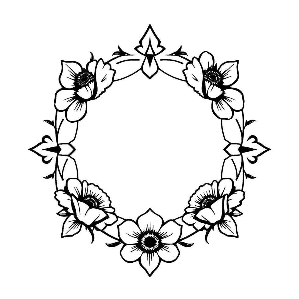 Intricate Floral Frame A symmetrical black and white illustration of a circular floral wreath, perfect for decorative or invitations. vector