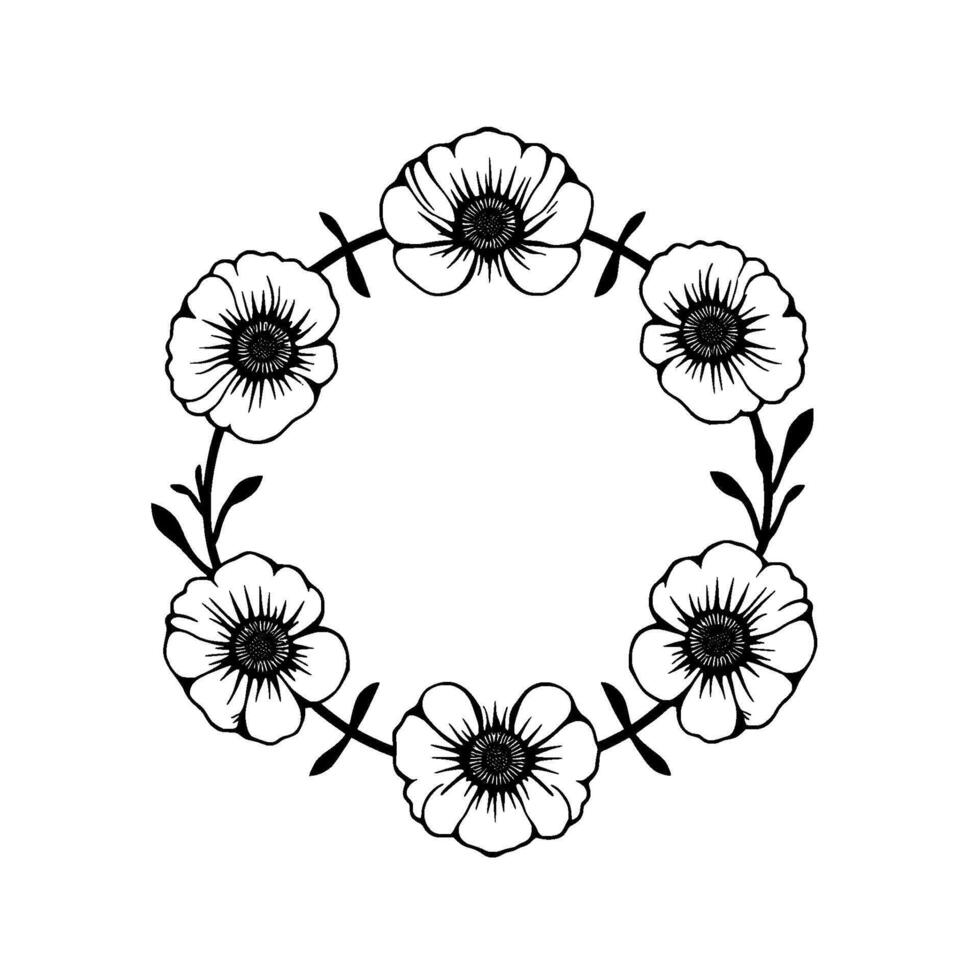 Circular black and white floral wreath illustration, composed of stylized flowers and stems, set against a white background. vector