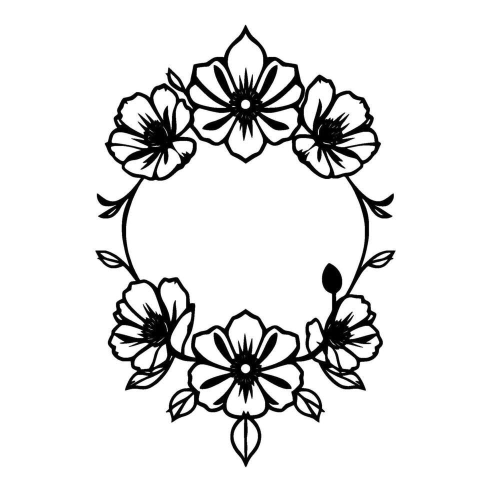 Black and White Floral Wreath with Open Center, Simple, Elegant, Border , Botanical Aesthetic vector