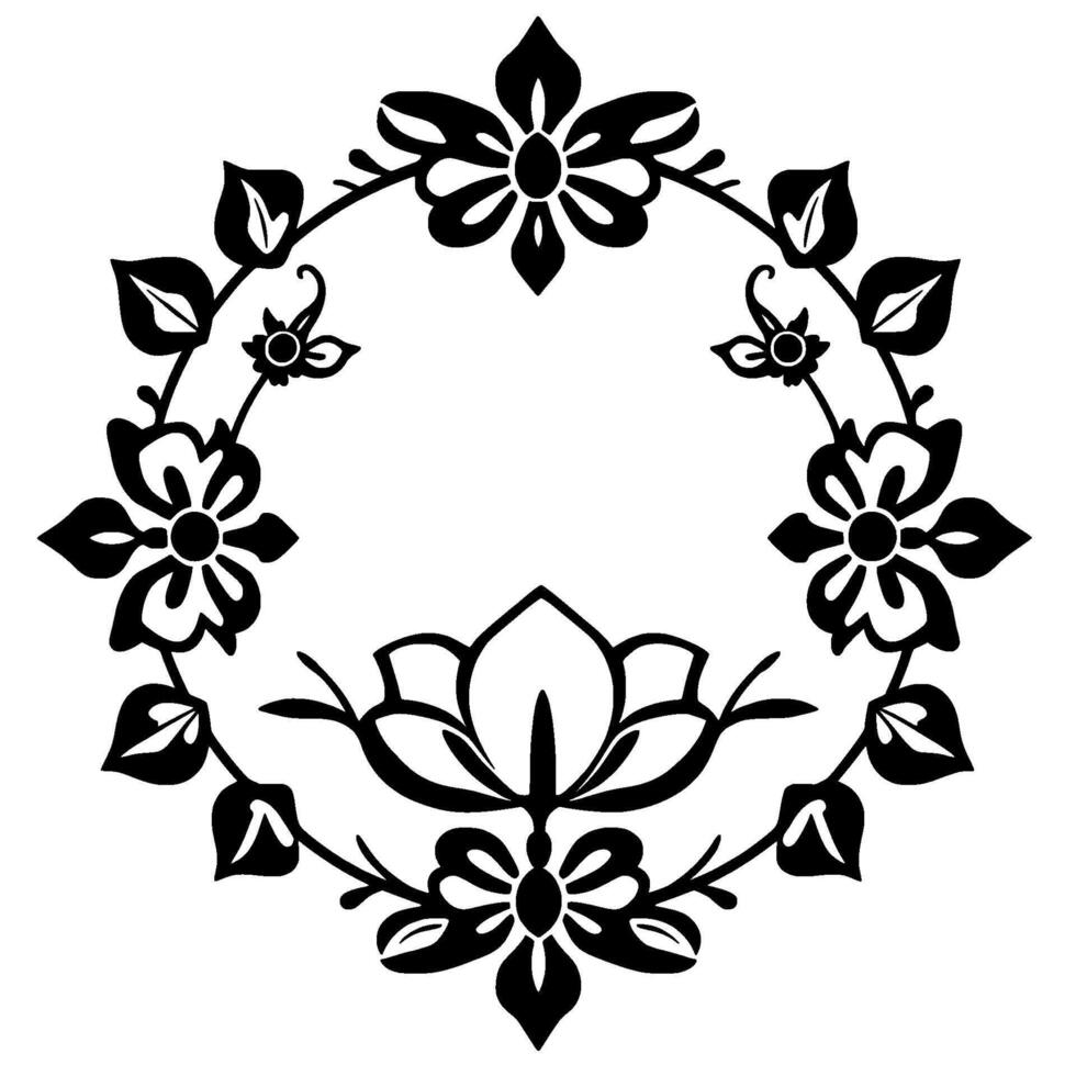Intricate Black and White Floral Wreath with Stylized Blooms, Leaves, and Curling Vines, Centered on Blank Canvas. vector