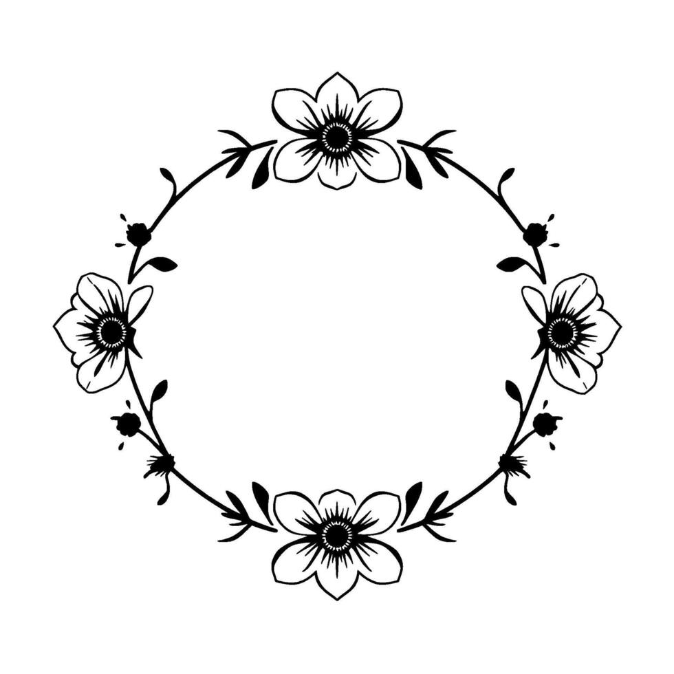 Elegant monochrome floral wreath , composed of stylized flowers and foliage arranged in a symmetrical, circular, minimalistic composition. vector