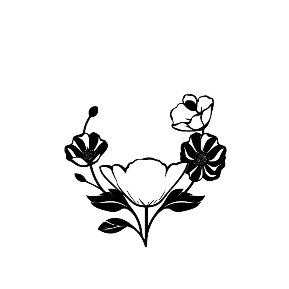 Elegant black and white floral arrangement with various flower shapes, leaves, and a simple, classic aesthetic on a clean white background. vector