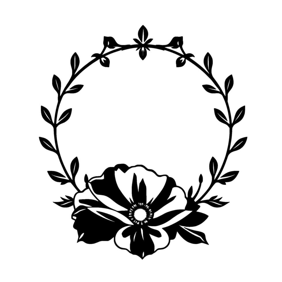 Elegant Black White Floral Wreath with a Single Poppy and Leafy Vine Frame on a White Background. vector