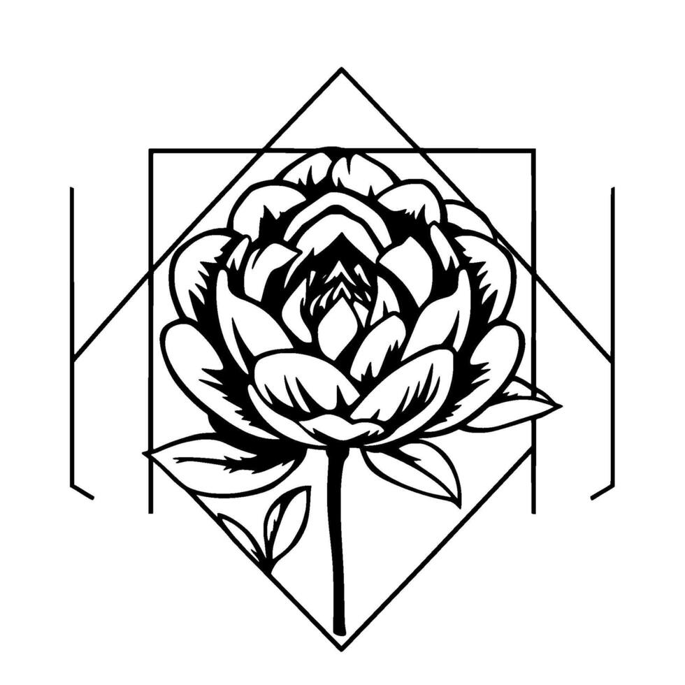 Bold Black and White Geometric Illustration of a Peony Flower Centered Within a Diamond and Rectangular Frame, . vector