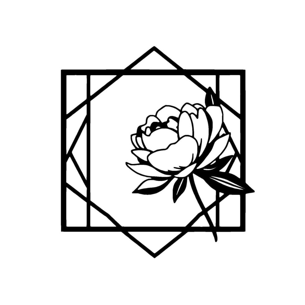 Elegant Black and White Floral Line Art with Geometric Frame A Peony Bloom Inside a StarburstInspired on White Background. vector