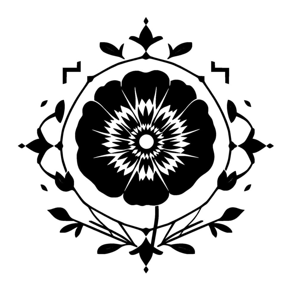Symmetrical Black and White Floral Ornament A Decorative with Detailed Flower, Leaves, and Geometric Elements. vector