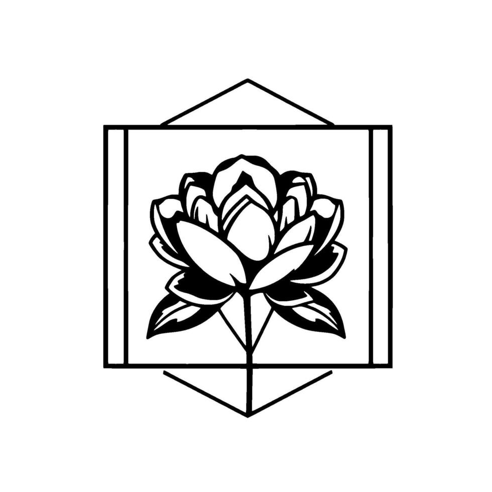 Intricate black and white geometric illustration showcasing a stylized lotus flower within a square and geometric frame, a symbol of purity. vector