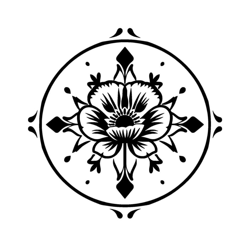 Intricate Black and White Floral Mandala with Detailed Petals, Geometric Elements, and Circular Composition. vector
