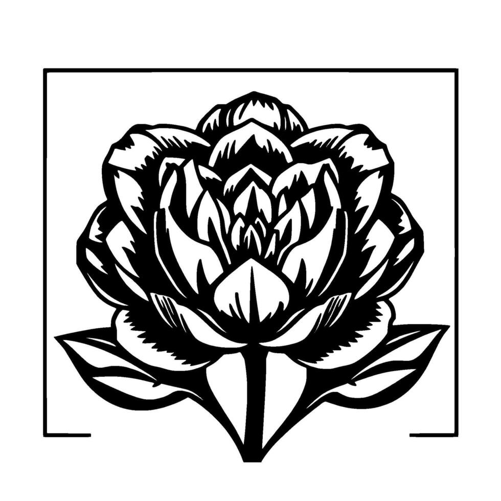 Striking Black and White Illustration of a stylized blooming flower in a square frame, symbolizing growth and natural beauty. vector