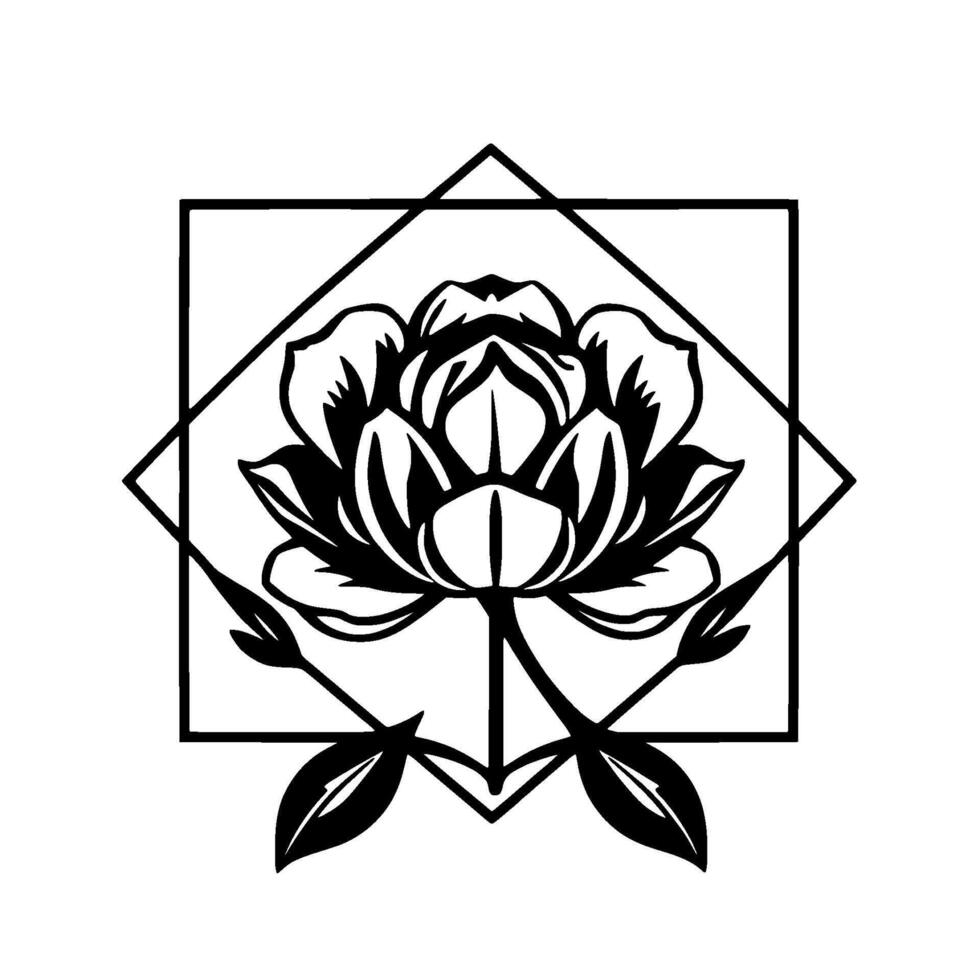 Intricate black and white floral emblem, a stylized rose, framed within a square and diamond, minimalist aesthetic, modern art. vector