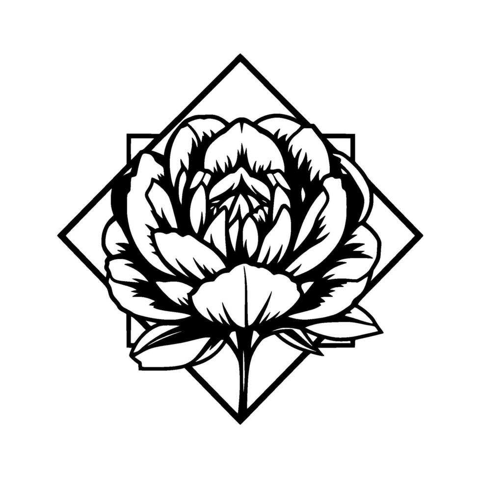 Black and White Illustration of a Peony Flower Within a Diamond Frame, Minimalist Floral . vector