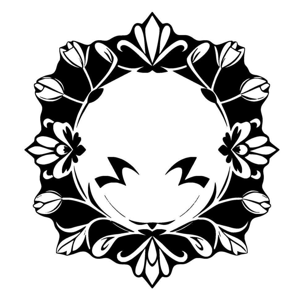 Black White Floral Frame with Smiling Face Elements, Decorative Border, Minimalist Aesthetic, and Elegant Appearance. vector