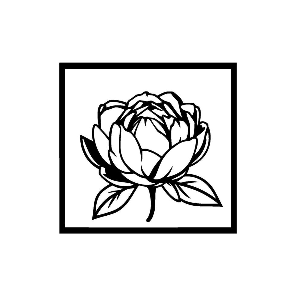 Elegant Black and White Botanical Illustration A Detailed Peony Flower Within a Square Border, Showcasing Delicate Petals. vector