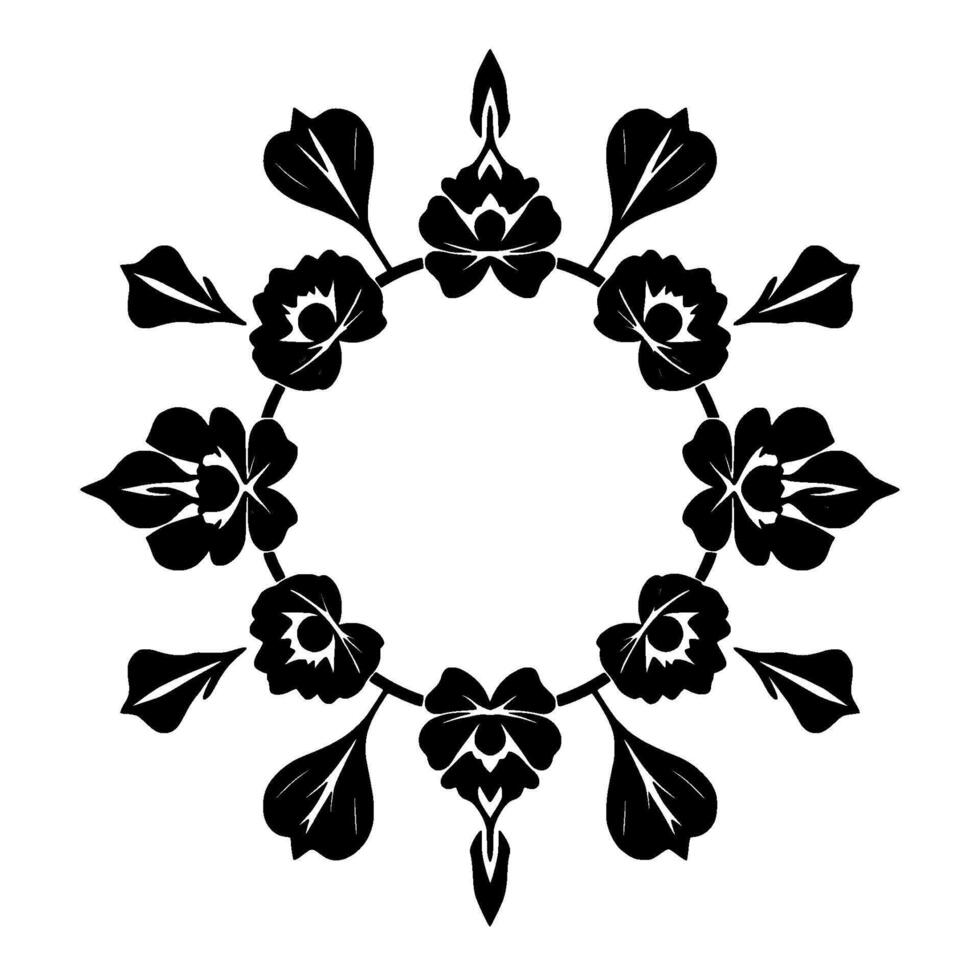 Symmetrical Black Floral Wreath with Leaves and a Central Open Space, Clean and Elegant Monochromatic . vector