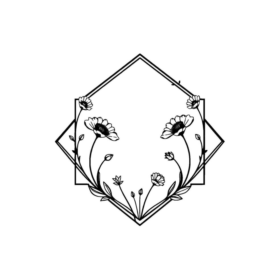 Elegant black and white floral within a geometric frame, featuring stylized blossoms, leaves, and buds, evoking a sense of timeless sophistication. vector