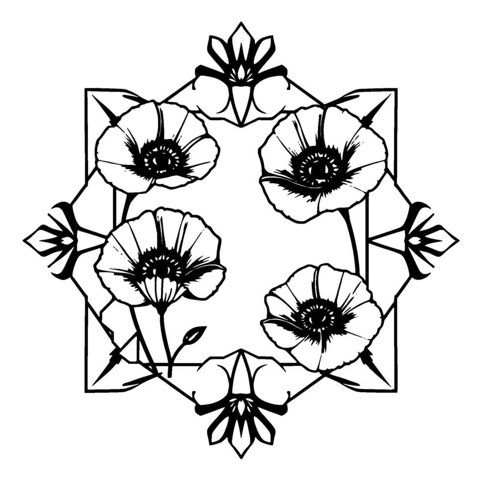 An elegant, symmetrical black and white illustration of four stylized poppy flowers enclosed within a geometric frame, evoking a sense of classic and delicate floral beauty. vector
