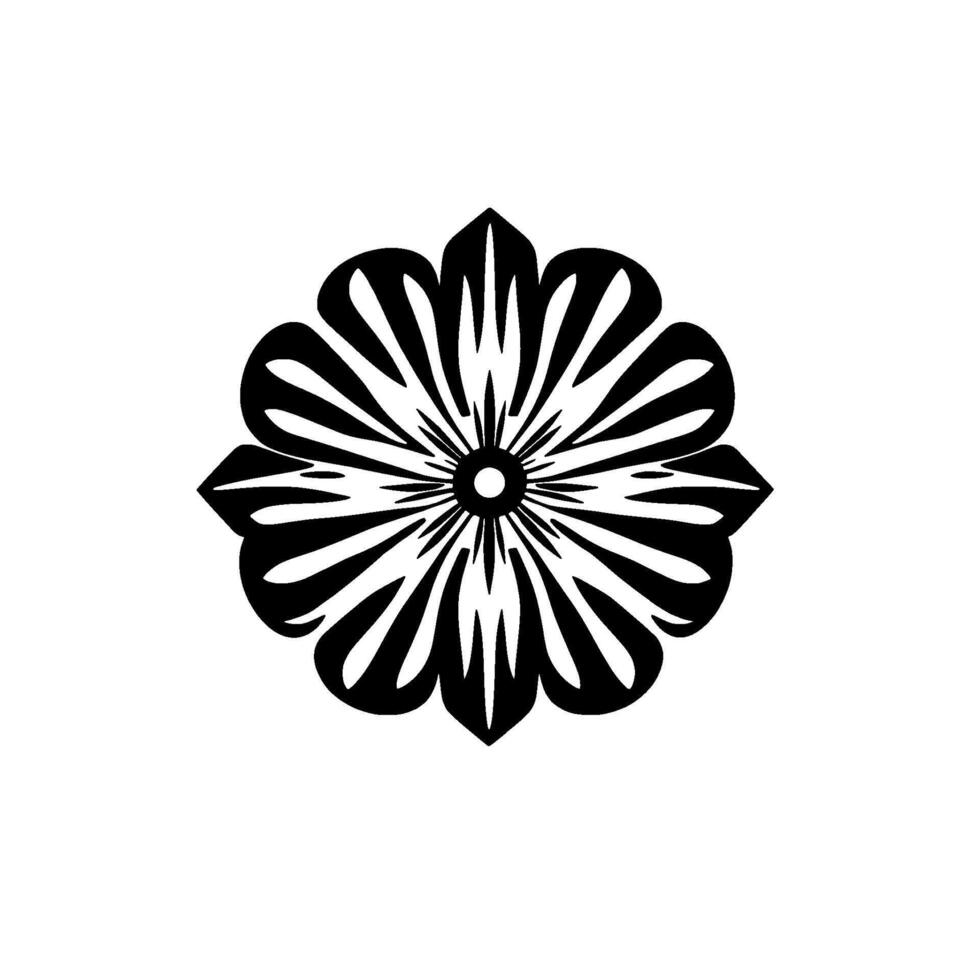 Black and White Floral Circular Symmetry with Raylike Petals and a Central Dot, Minimalist Aesthetics. vector
