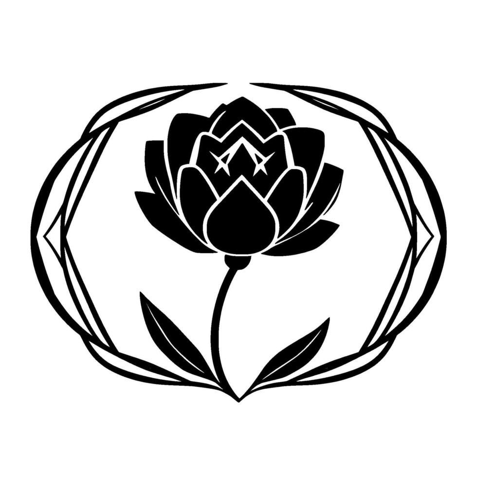 Intricate, symmetrical black lotus flower illustration surrounded by a geometric, linear frame on a stark white background. vector