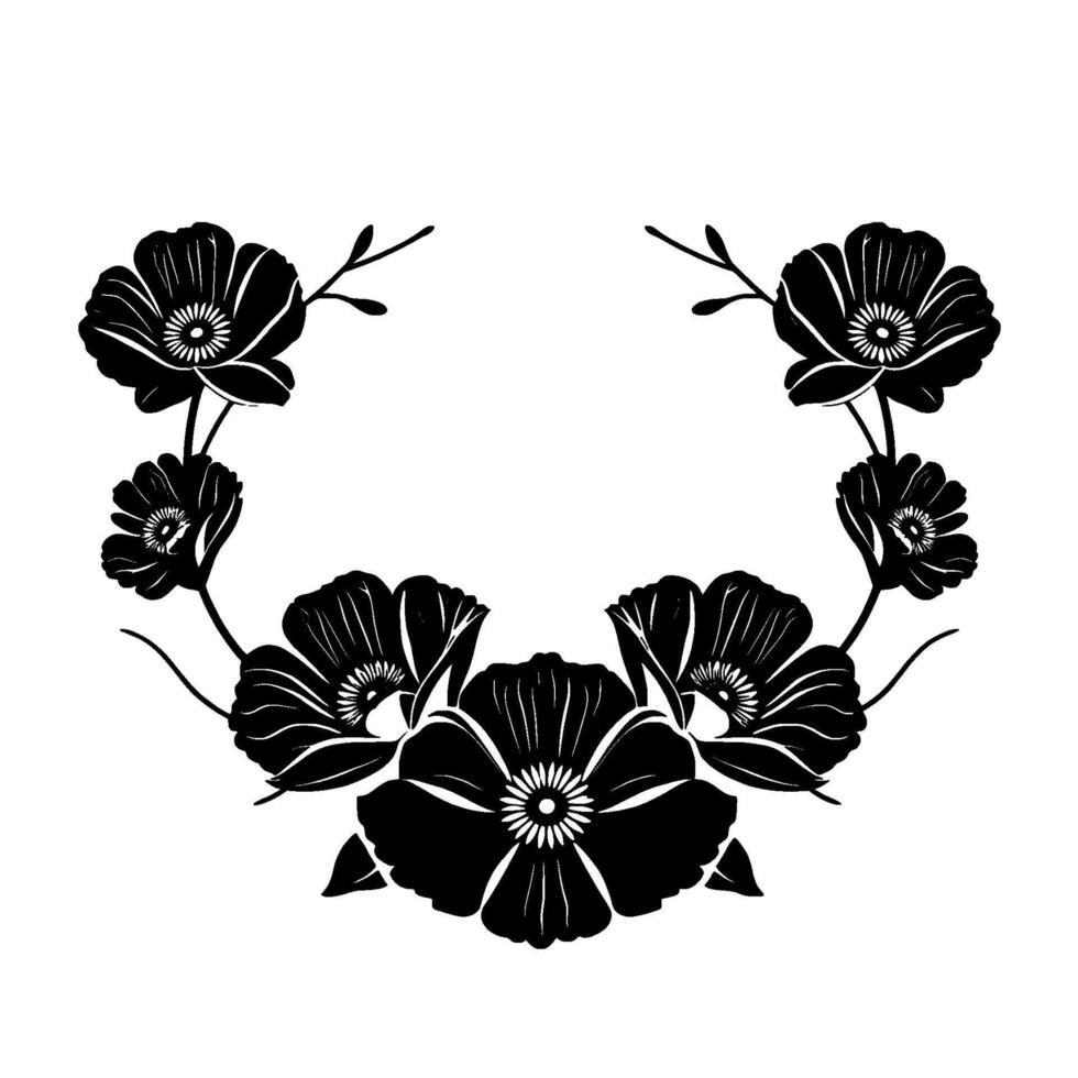 Symmetrical Black and White Floral Wreath, Composed of Poppies and Delicate Stems, on White Background. vector
