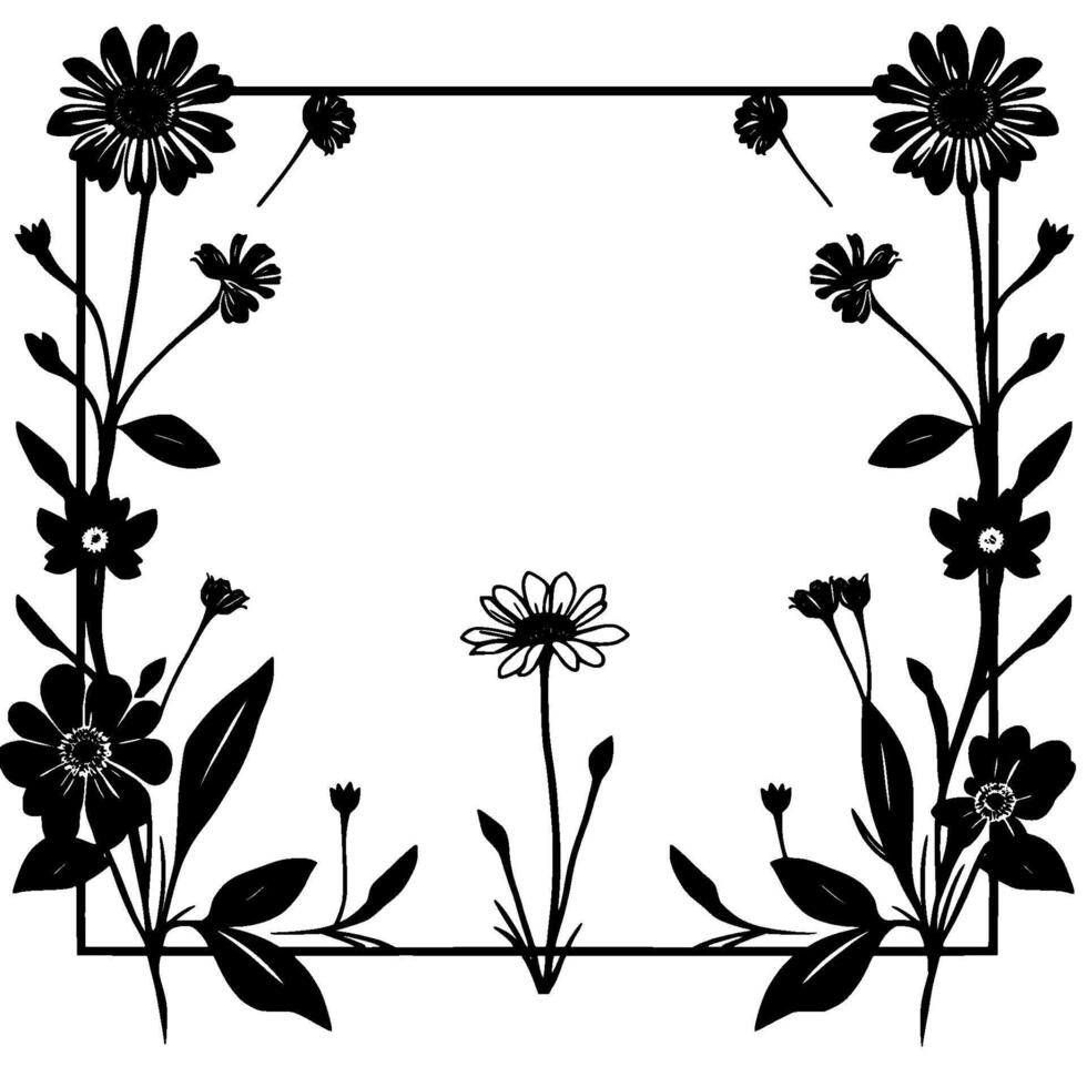 Elegant Black and White Floral Border Frame, Centered Daisy, Detailed Silhouette, NatureInspired . vector