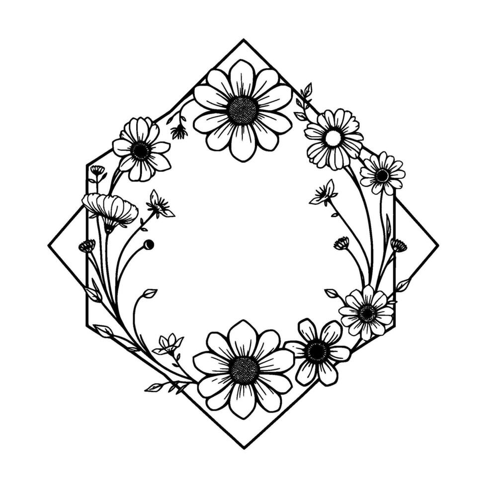 Delicate floral frame featuring daisies and foliage, forming a geometric diamond shape, rendered in monochrome line art. vector