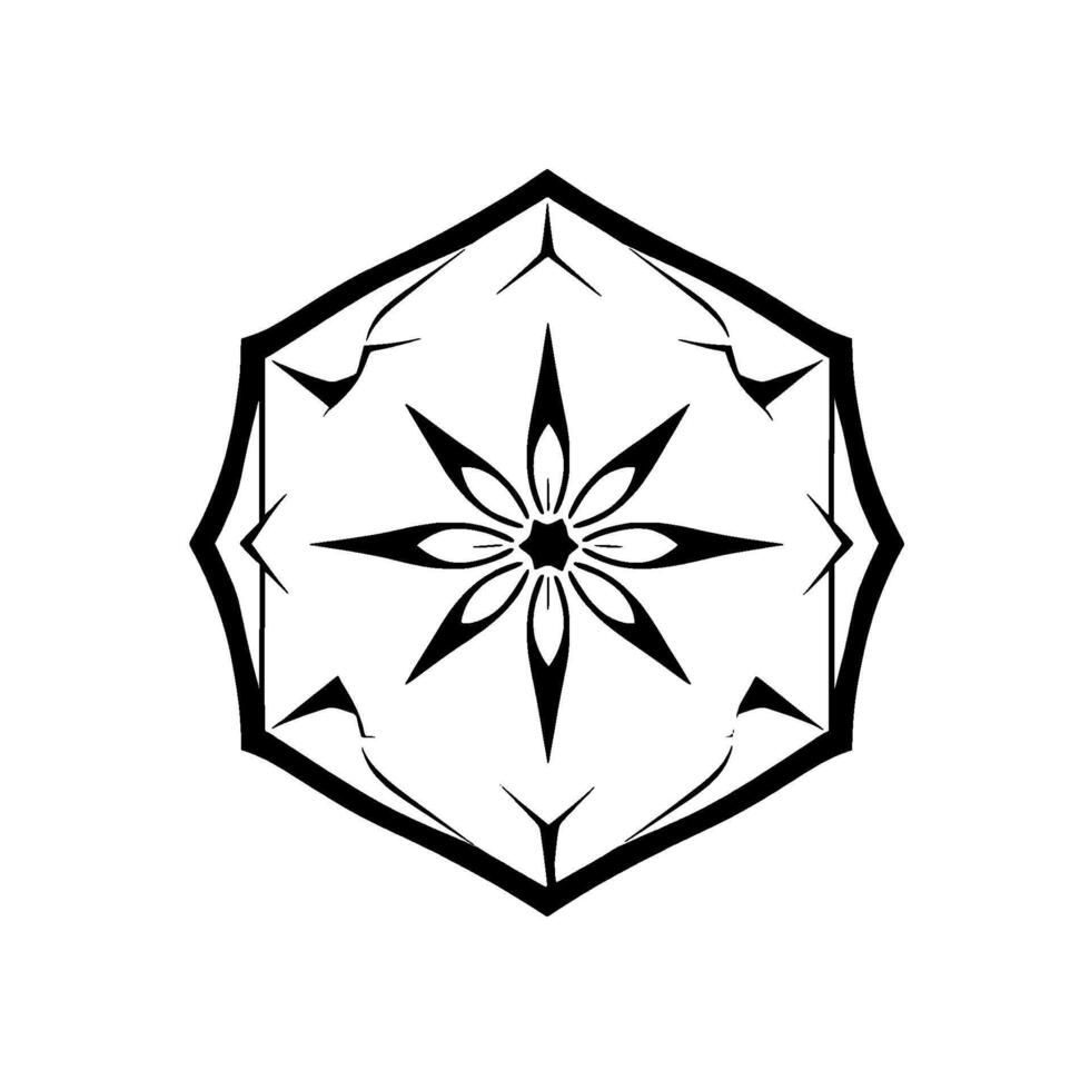 Geometric black and white floral mandala within a stylized eightsided frame, symmetrical, artistic. vector