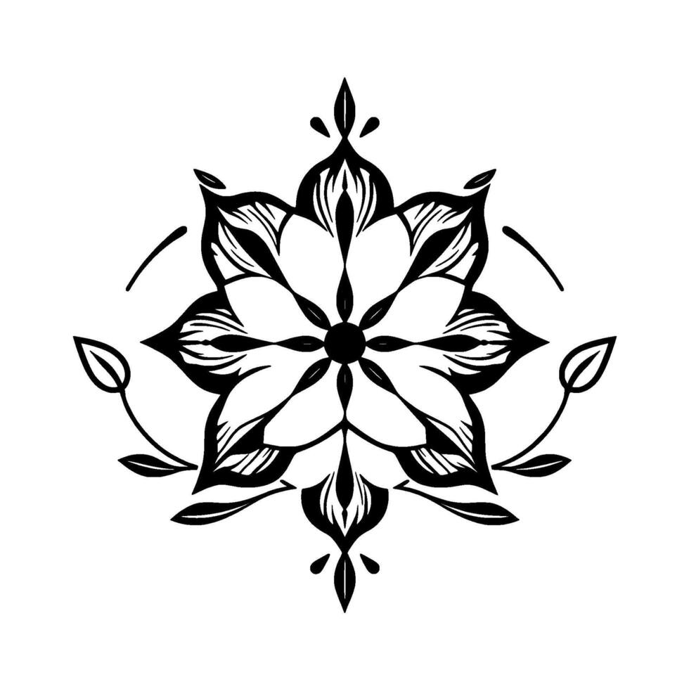 Intricate Black and White Floral Mandala with Organic Leafy Extensions and Circular Accent on White Background. vector
