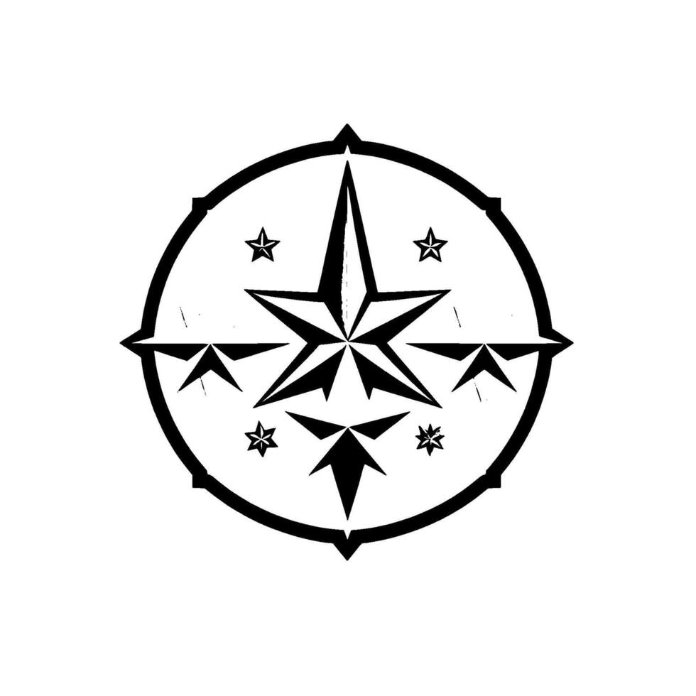 Abstract compass with radiating stars, concentric circles, and geometric patterns in grayscale on a white backdrop. vector