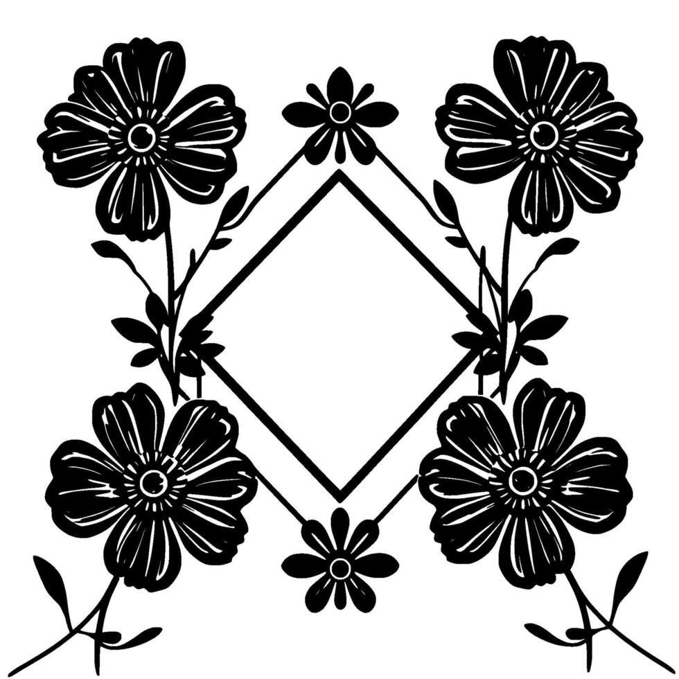 A symmetrical floral featuring four large flowers, two small flowers, leafy stems, and a diamond frame, all in stark black and white, offering an elegant, aesthetic. vector