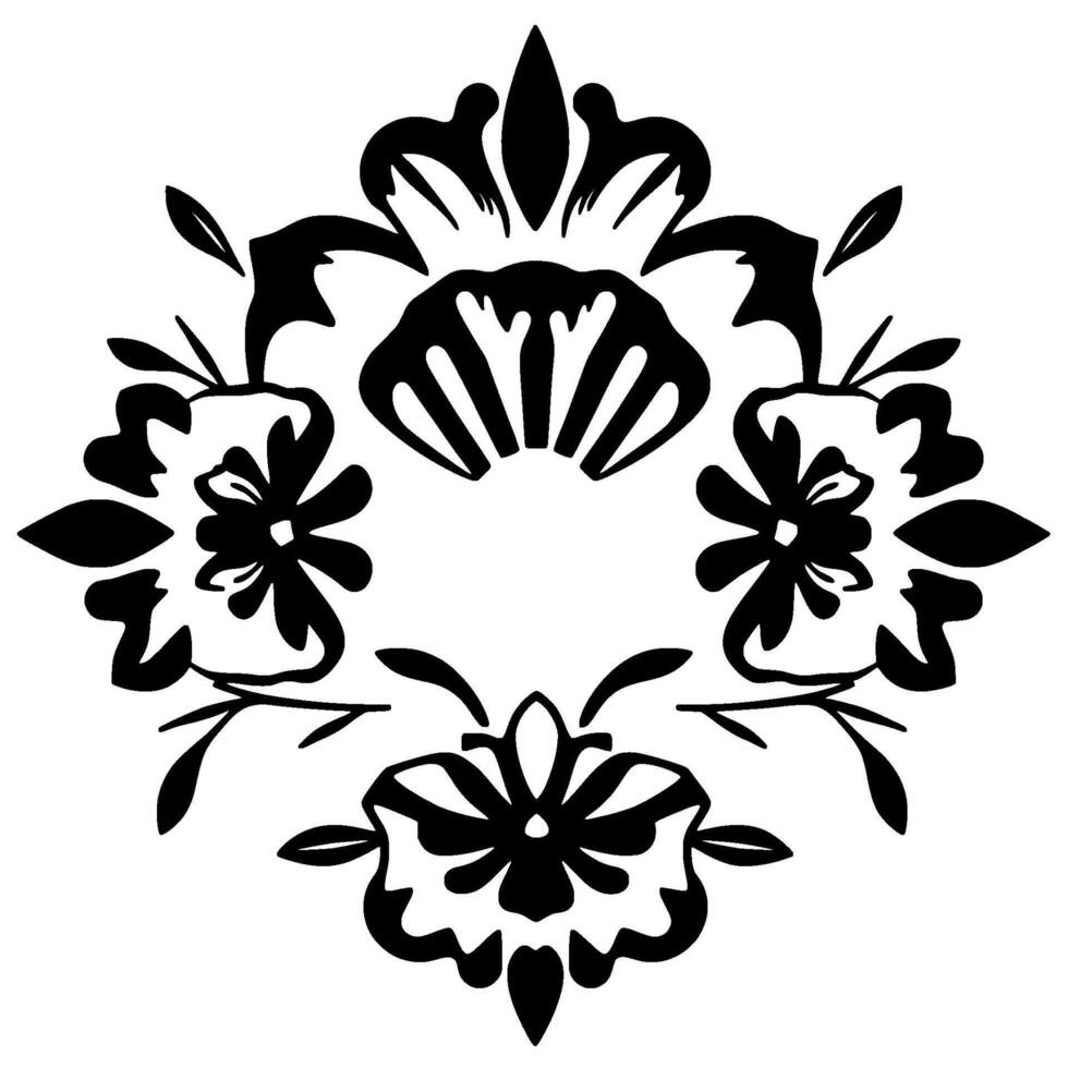 Symmetrical Black Floral Motif with Repeating Petal and Leaf Elements on a White Background, . vector