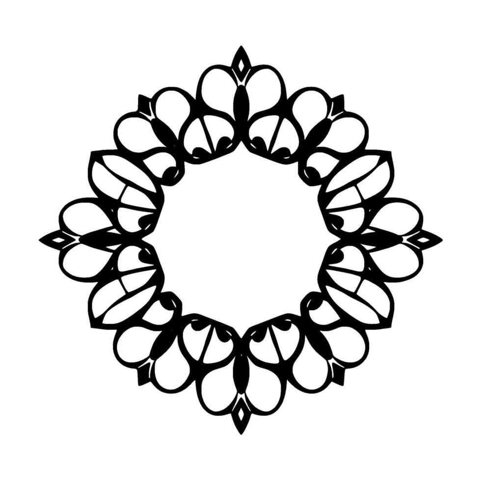 Intricate Black and White Floral Mandala, Symmetric and Geometric, with a Circular Hollow Center, Minimalist Art. vector