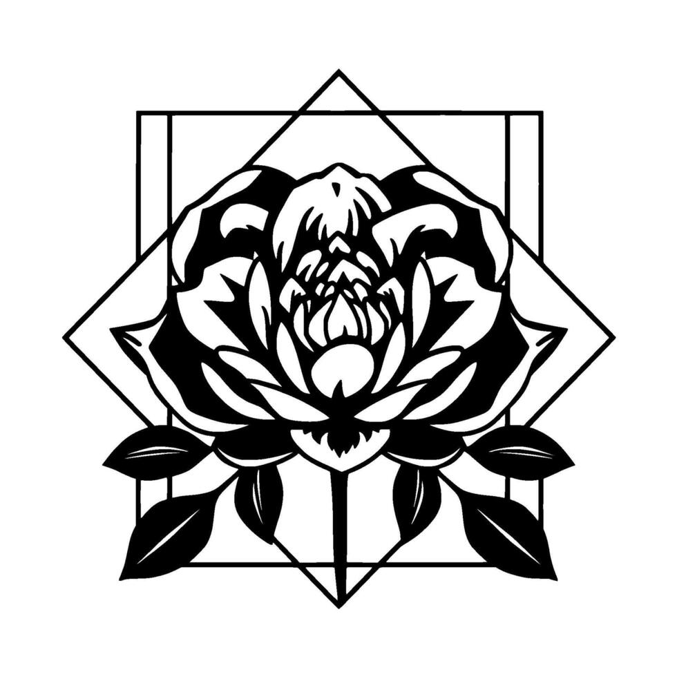 Black and White Floral Emblem A symmetrical peony enclosed within a geometric square and diamond frame, featuring detailed petals and leaves. vector