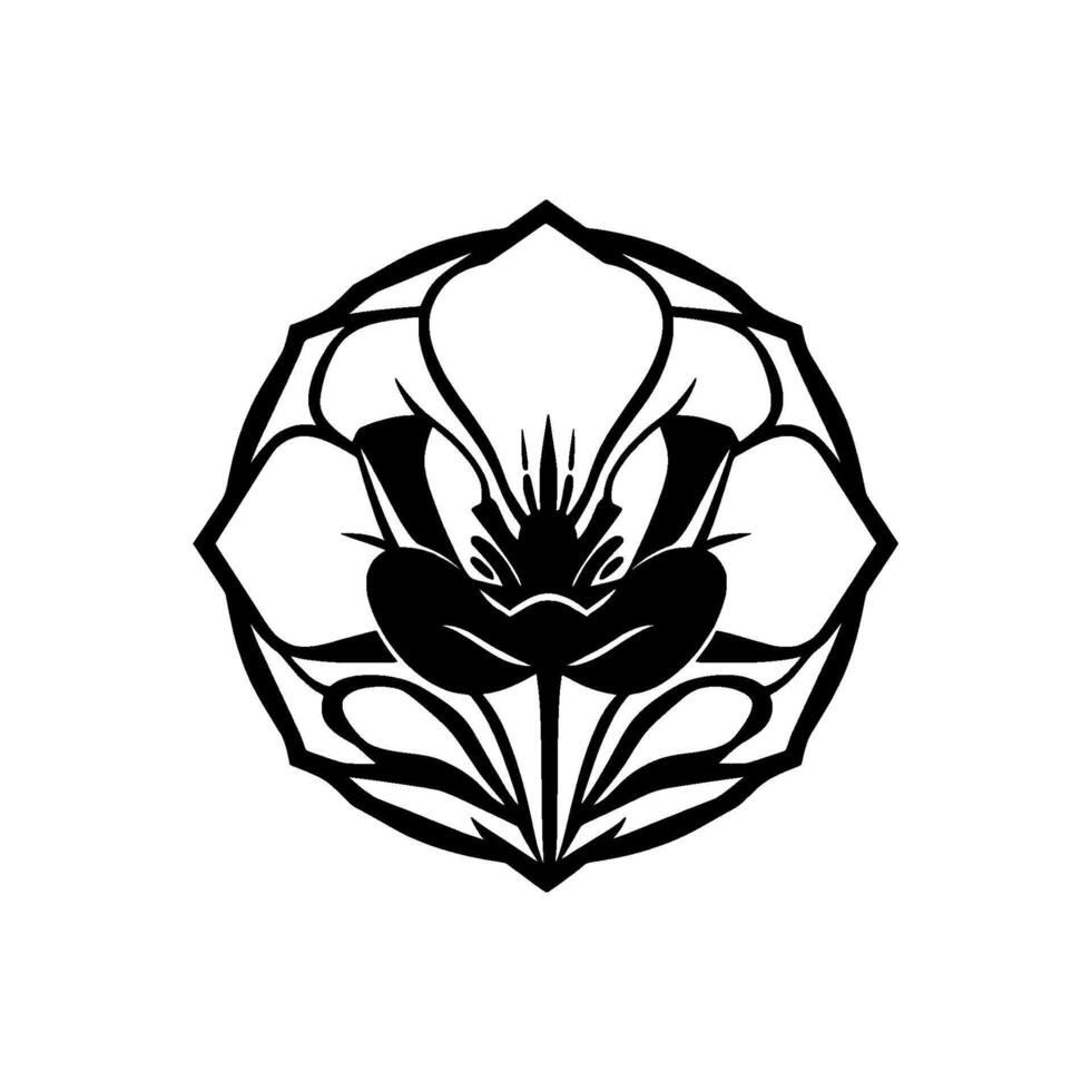 Intricate Black and White Floral Mandala , Symmetric Silhouette with Detailed Petals and Geometric Border, Isolated on White. vector