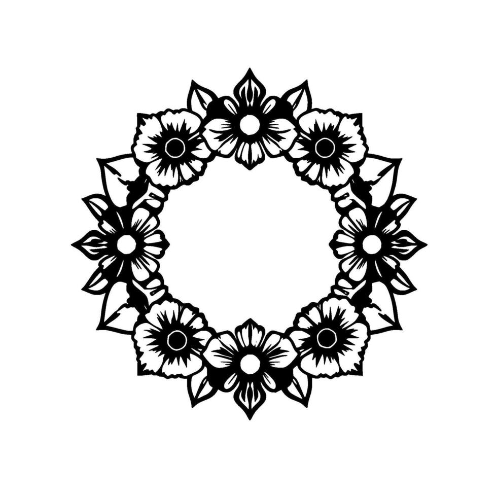 A symmetrical black and white floral wreath illustration, featuring detailed flower and leaf patterns arranged in a circular frame with a white center. vector