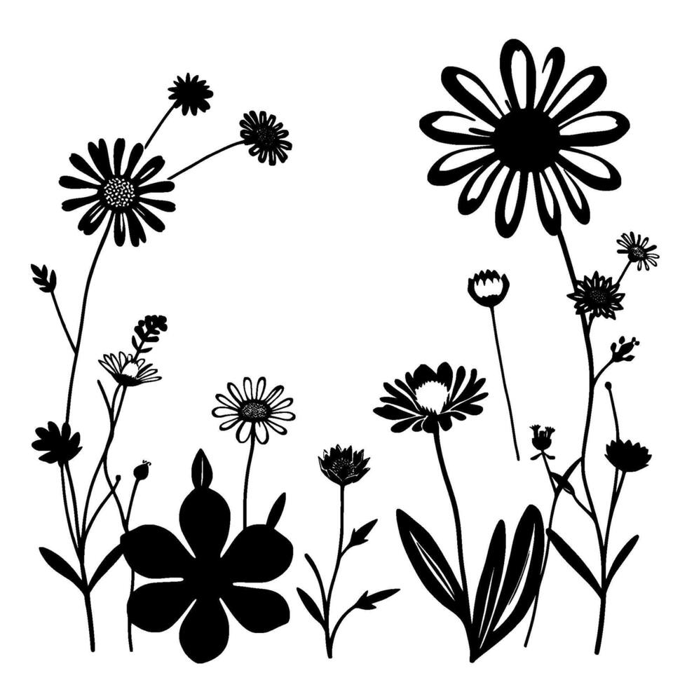 Stylized Black and White Floral Garden Silhouette, Featuring Various Flower Types, Stems, and Leaves on a Bright White Background. vector