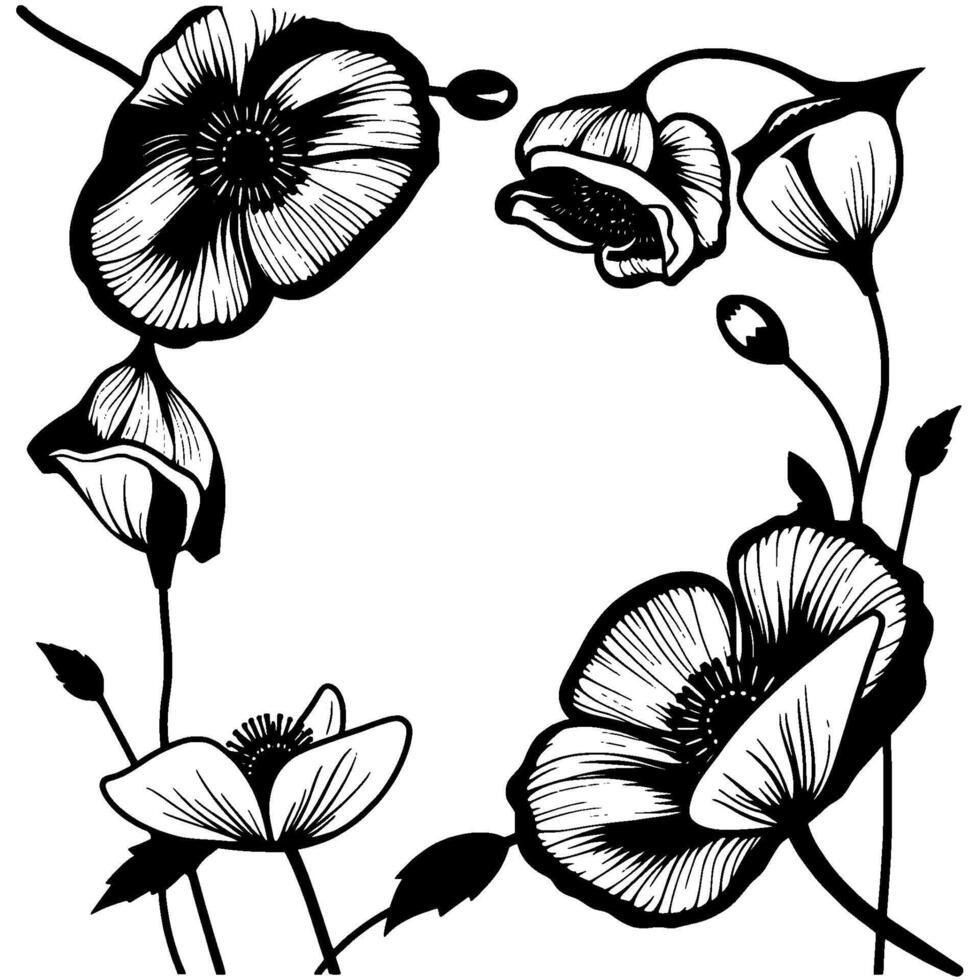 A stylized black and white illustration of a delicate floral frame featuring poppy flowers, buds, and leaves on a clean white background. vector