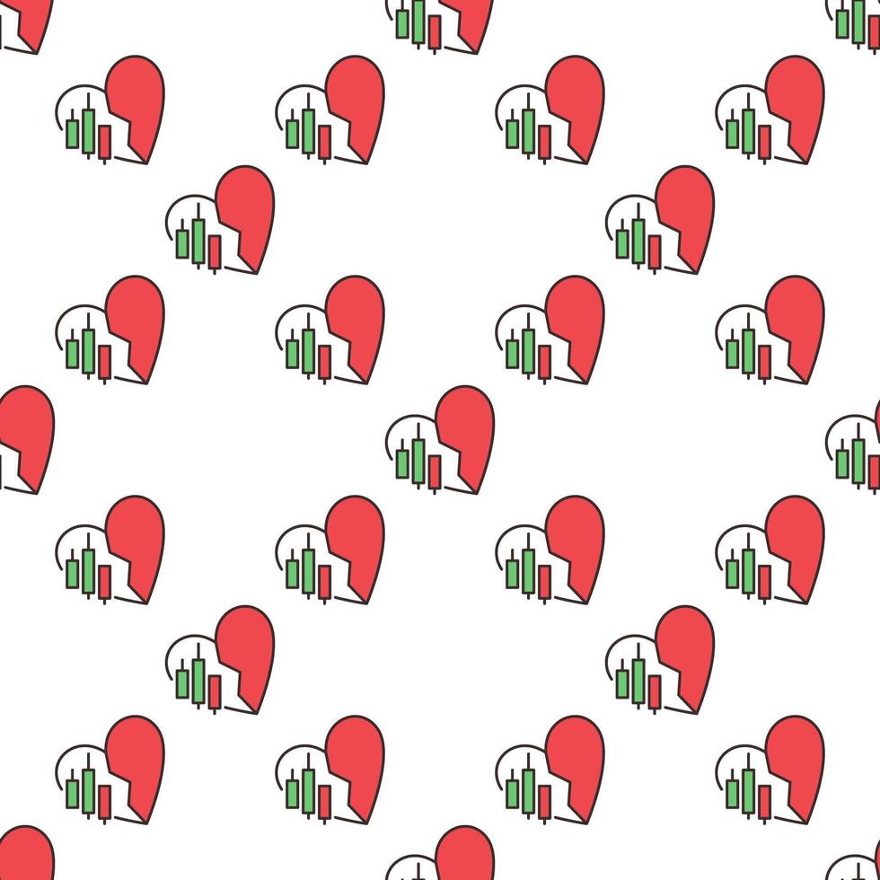 Red Broken Heart with Financial chart Crypto Trading and Investment colored seamless pattern vector