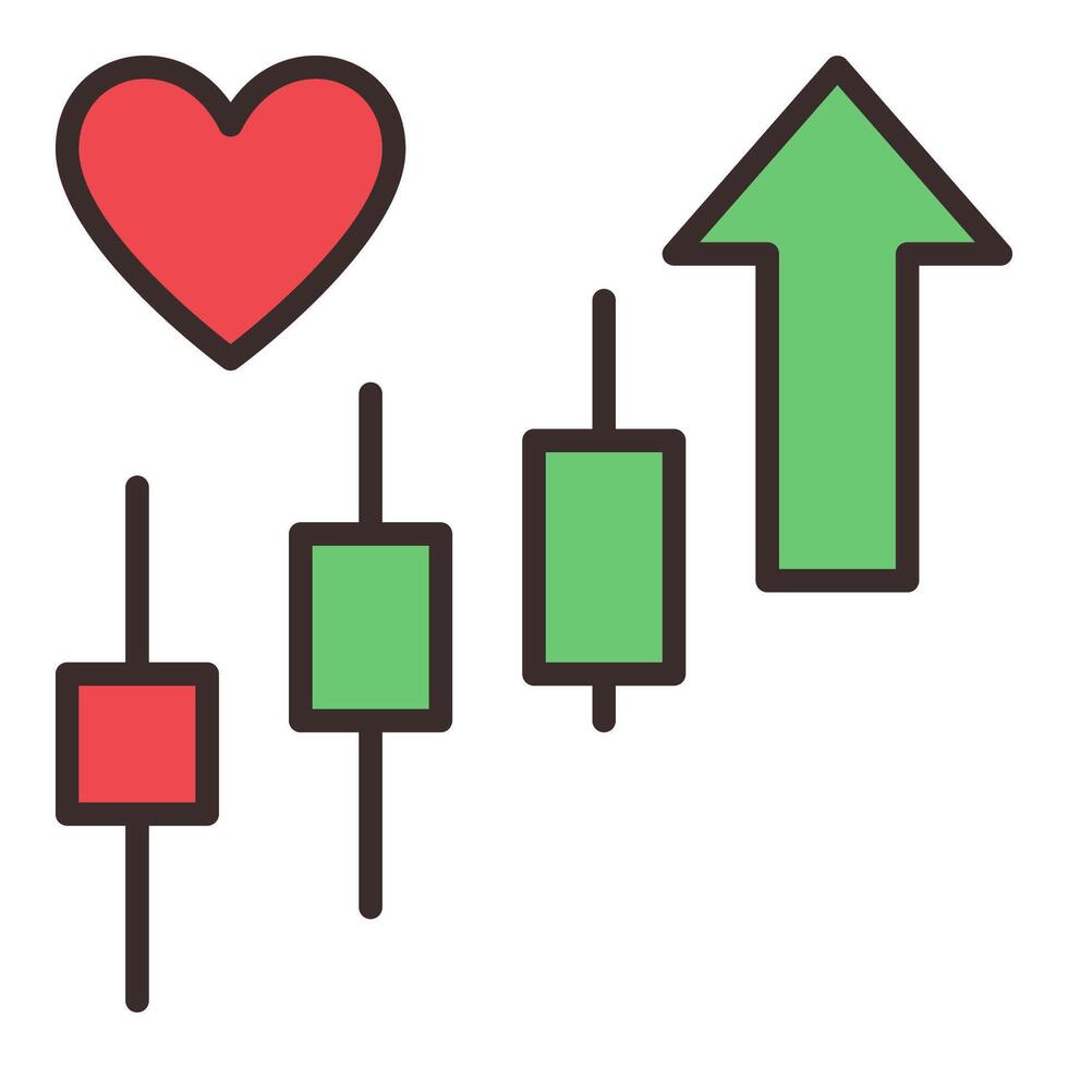 Red Heart and Rising Candlestick Chart Market Engagement colored icon or sign vector
