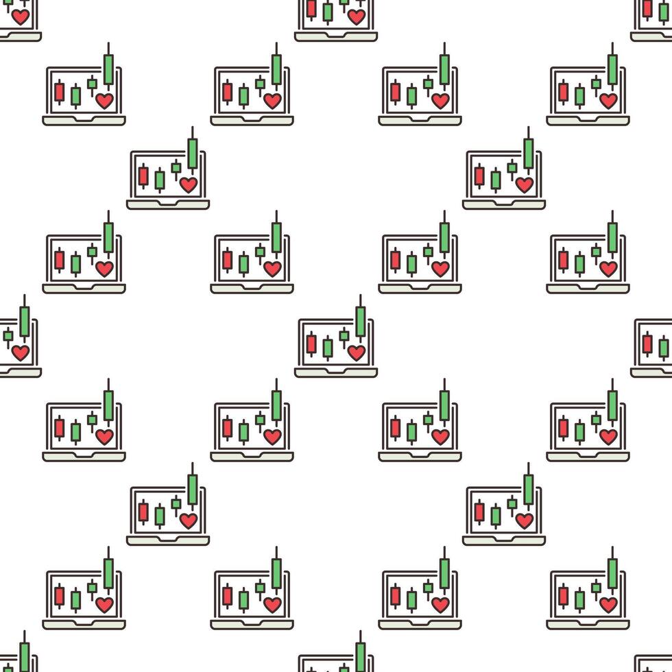 Laptop Screen with Red Heart with a Candlestick Graph Passion for Trading colored seamless pattern vector