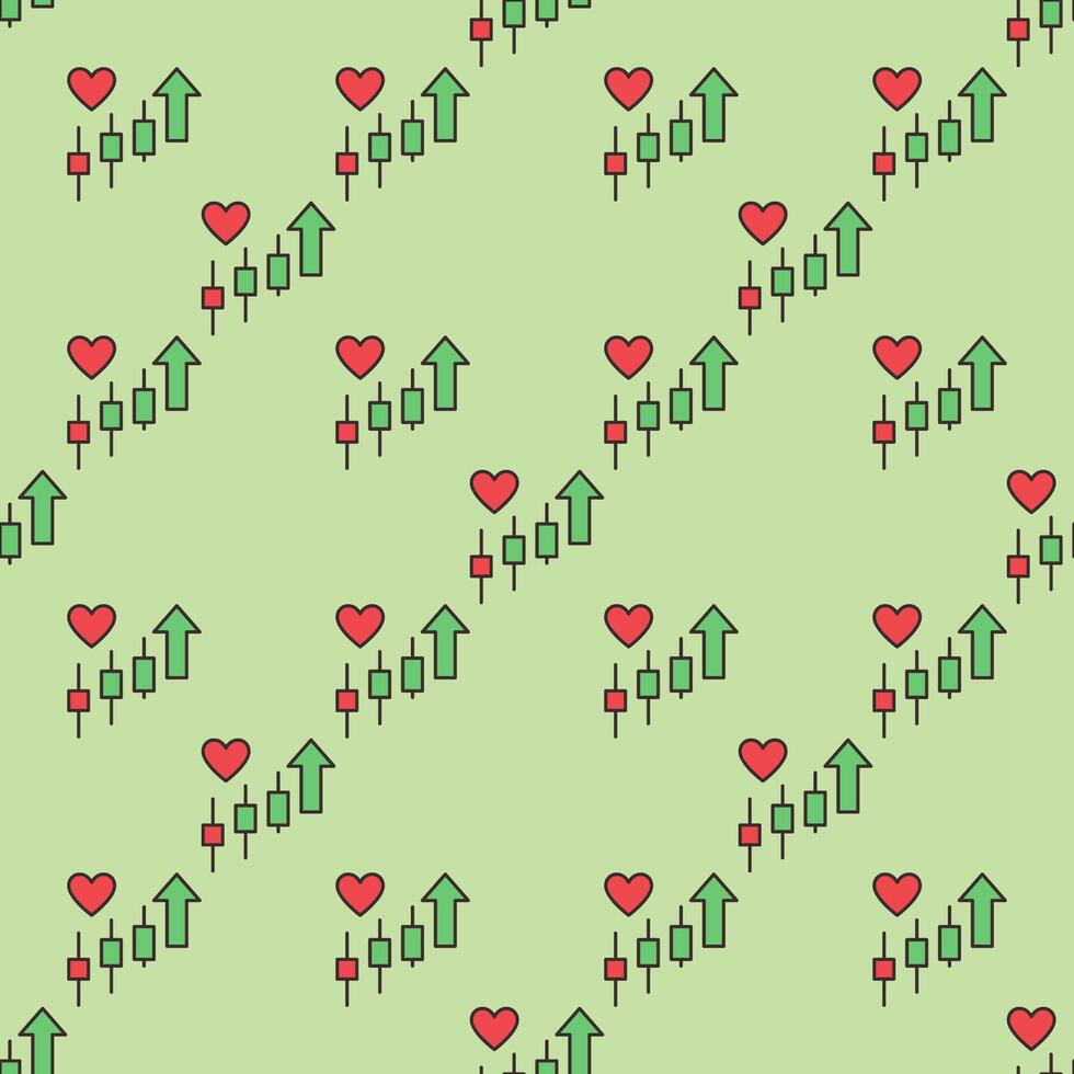 Red Heart and Rising Candlestick Chart Market Engagement colored seamless pattern vector