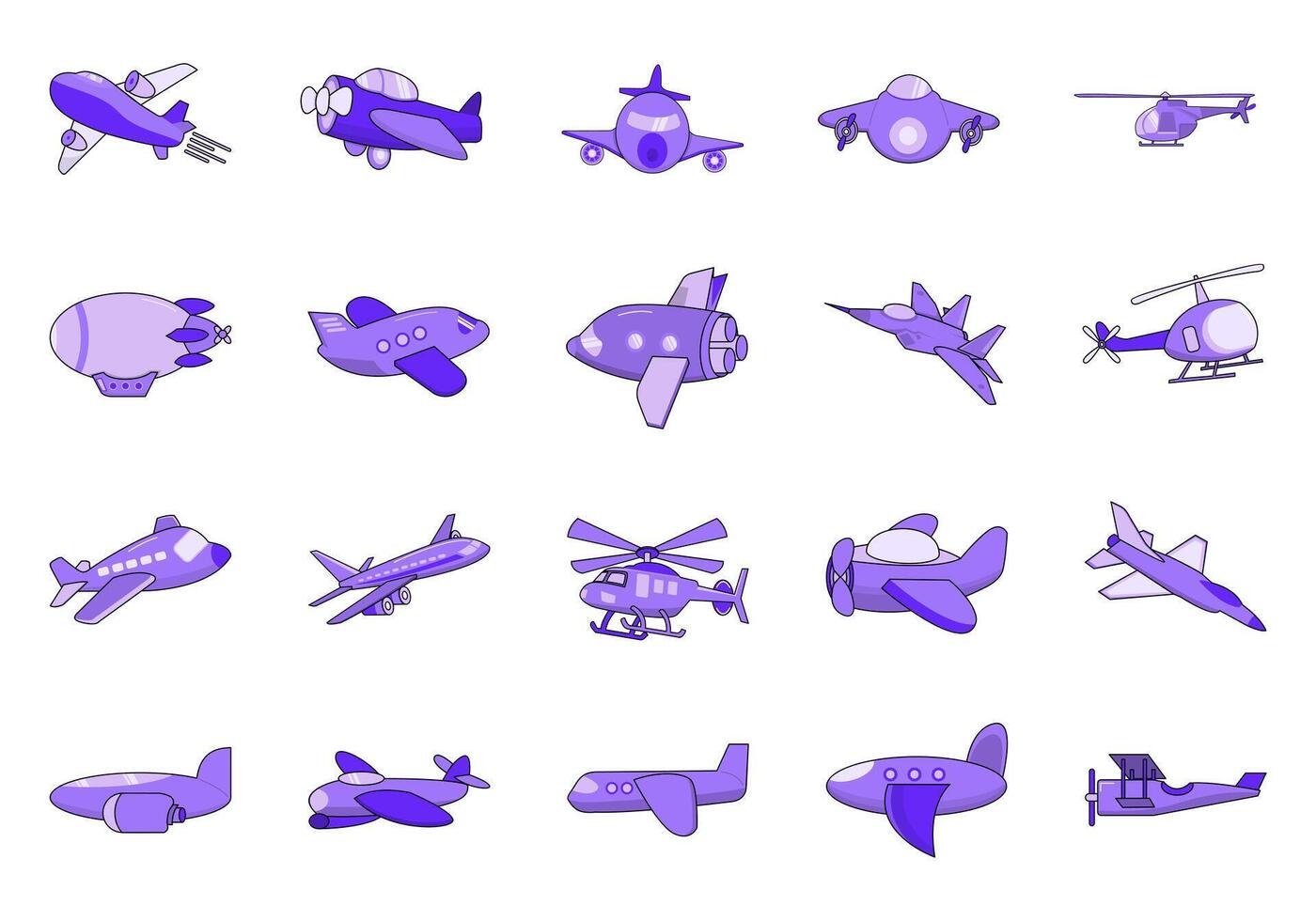 A set of different airplane icons in purple vector