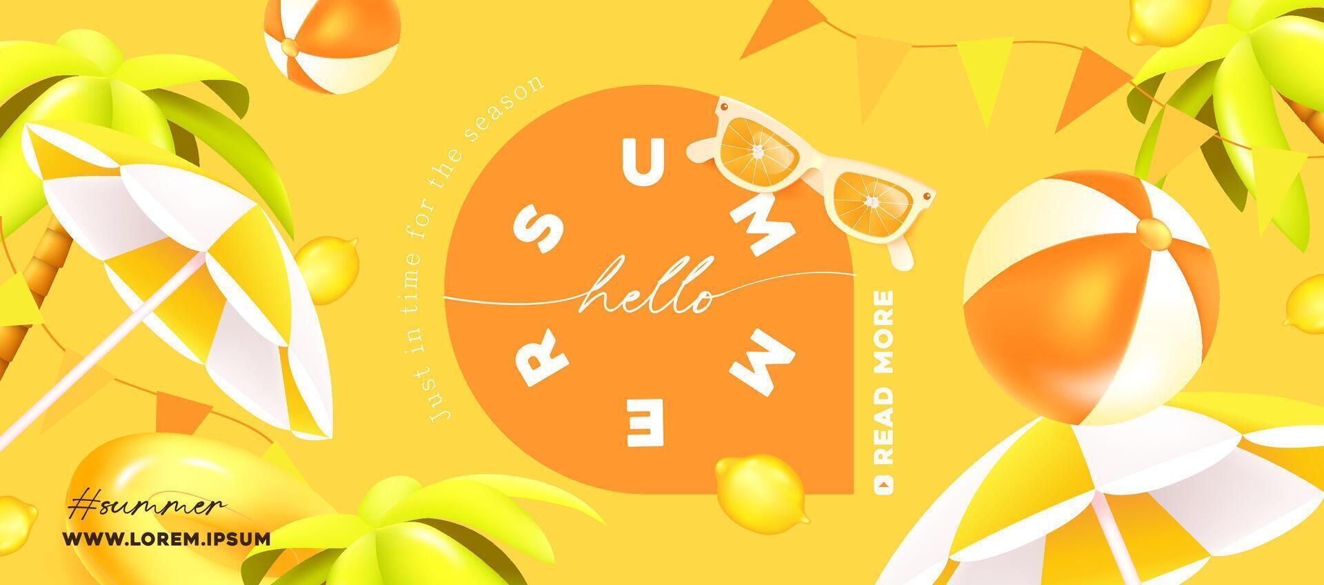Summer web party poster banner tropical beach vibes background with beach decoration vector