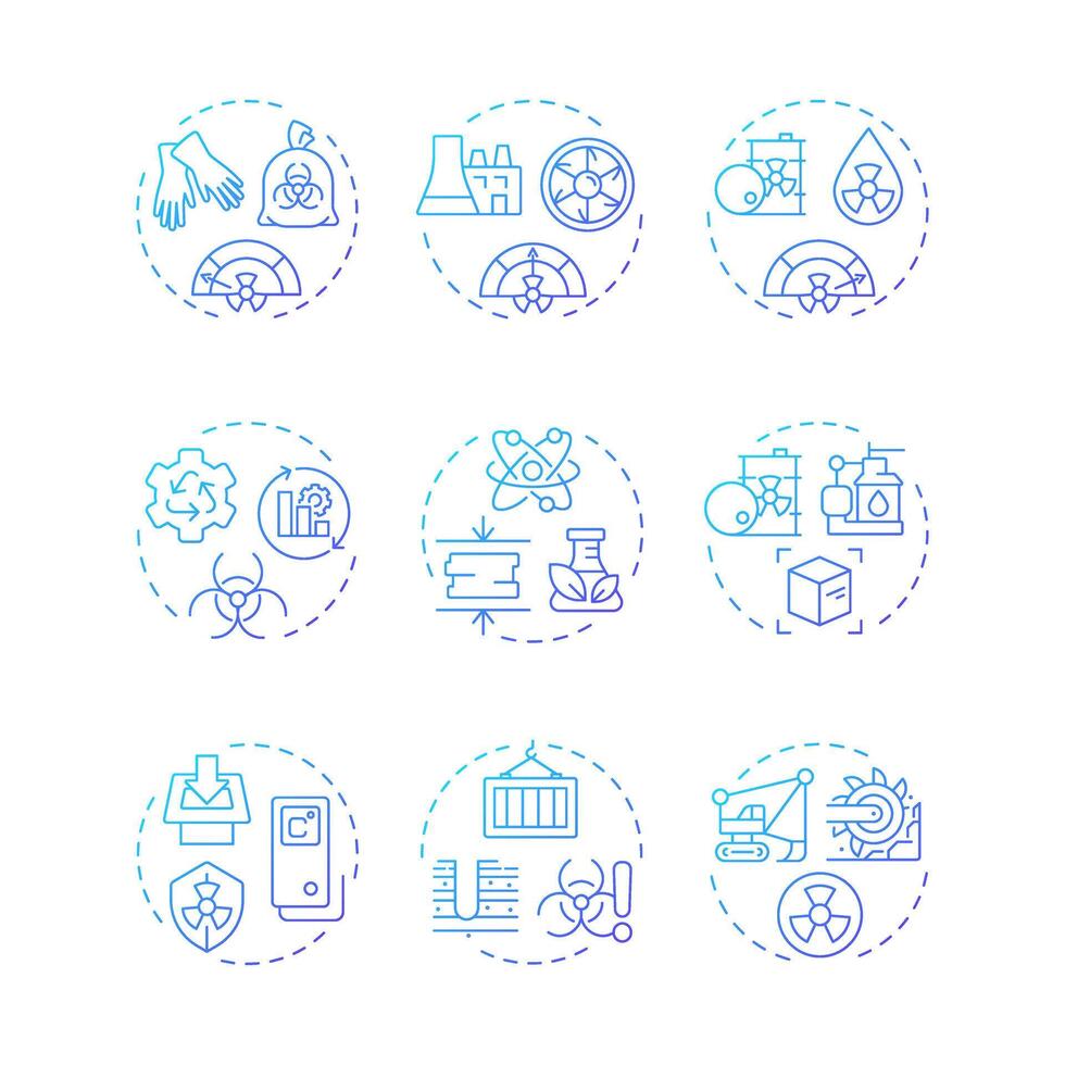 Nuclear waste management blue gradient concept icons. Radioactive materials treatment techniques. Environment care. Icon pack. Round shape illustrations for presentation. Abstract idea vector