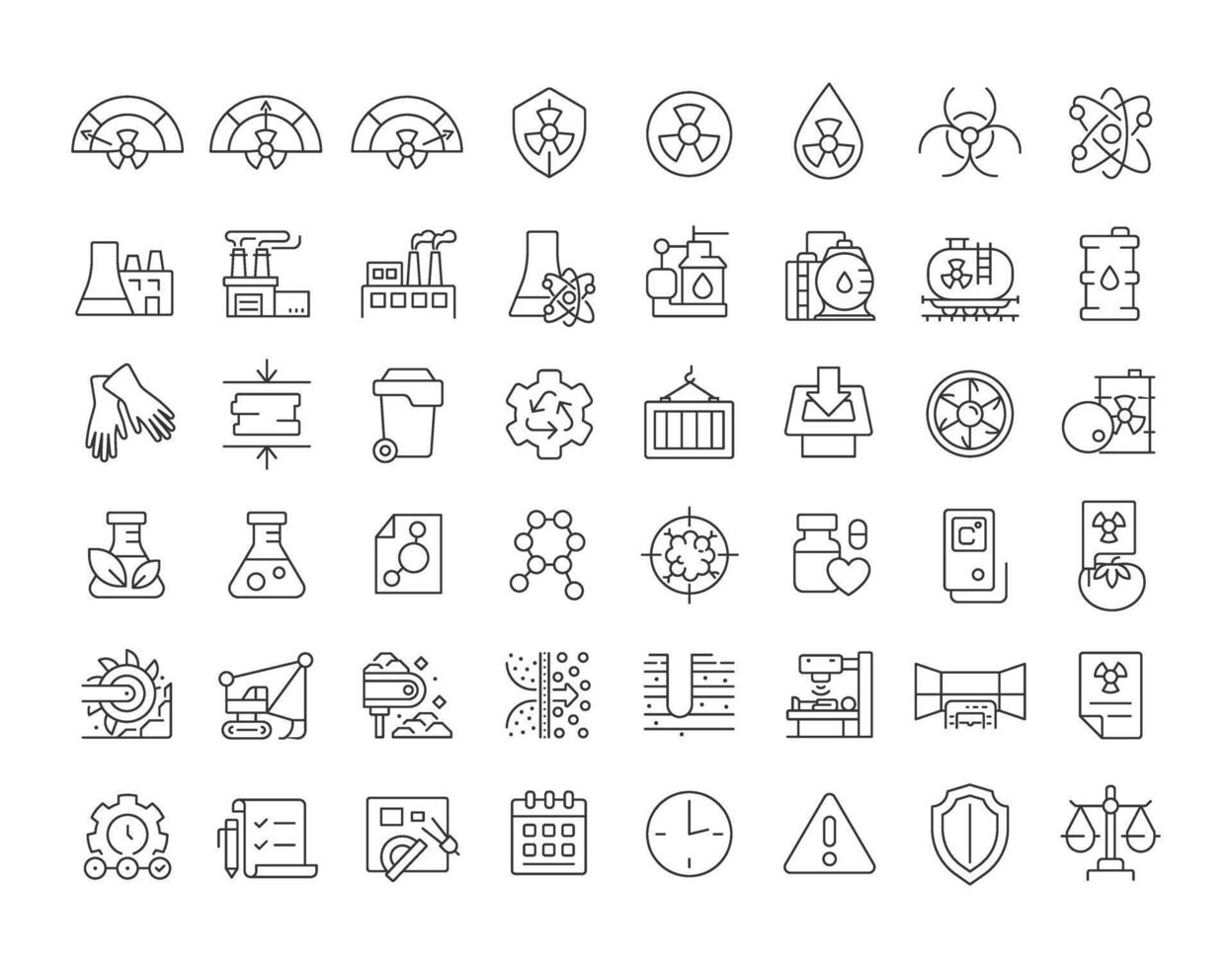 Nuclear waste management linear icons set. Dangerous radioactive materials control. Contamination prevention. Customizable thin line symbols. Isolated outline illustrations. Editable stroke vector