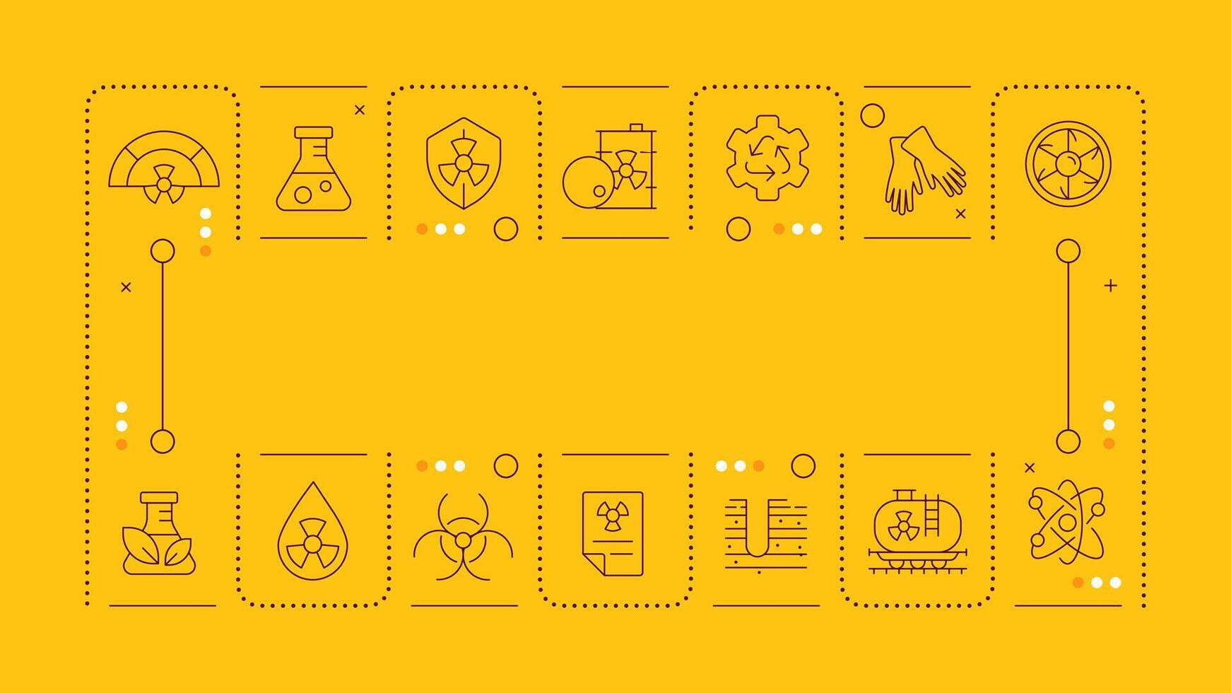 Nuclear waste management orange word concept. Dangerous radioactive supplies utilization. Horizontal image. Headline text surrounded by editable outline icons vector