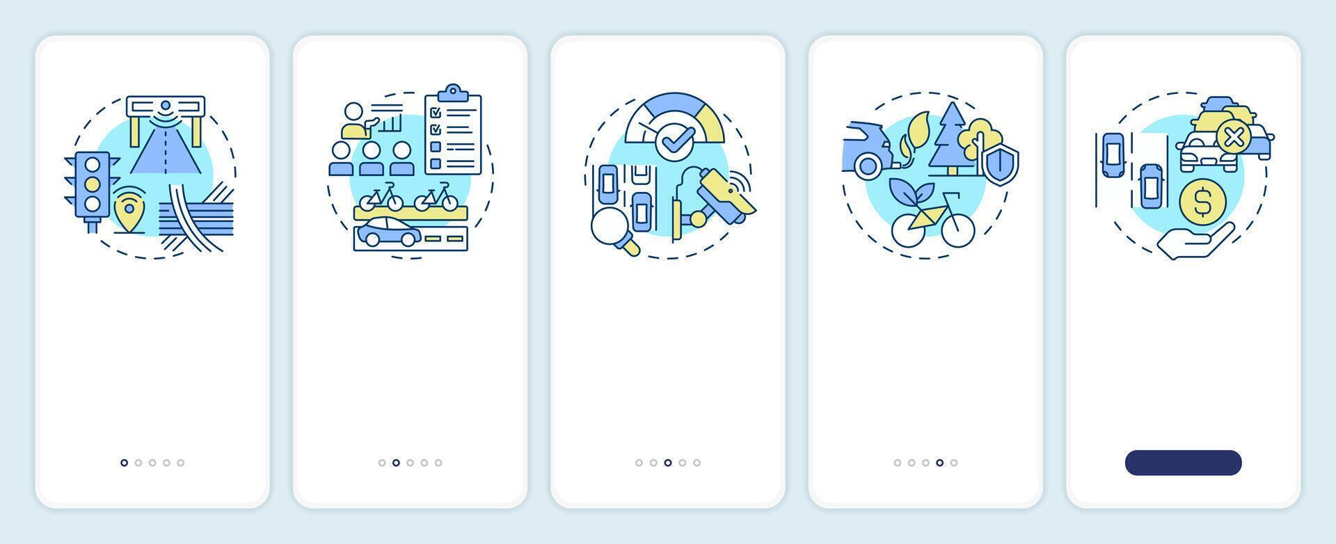 Traffic management pillars onboarding mobile app screen. Walkthrough 5 steps editable graphic instructions with linear concepts. UI, UX, GUI template vector