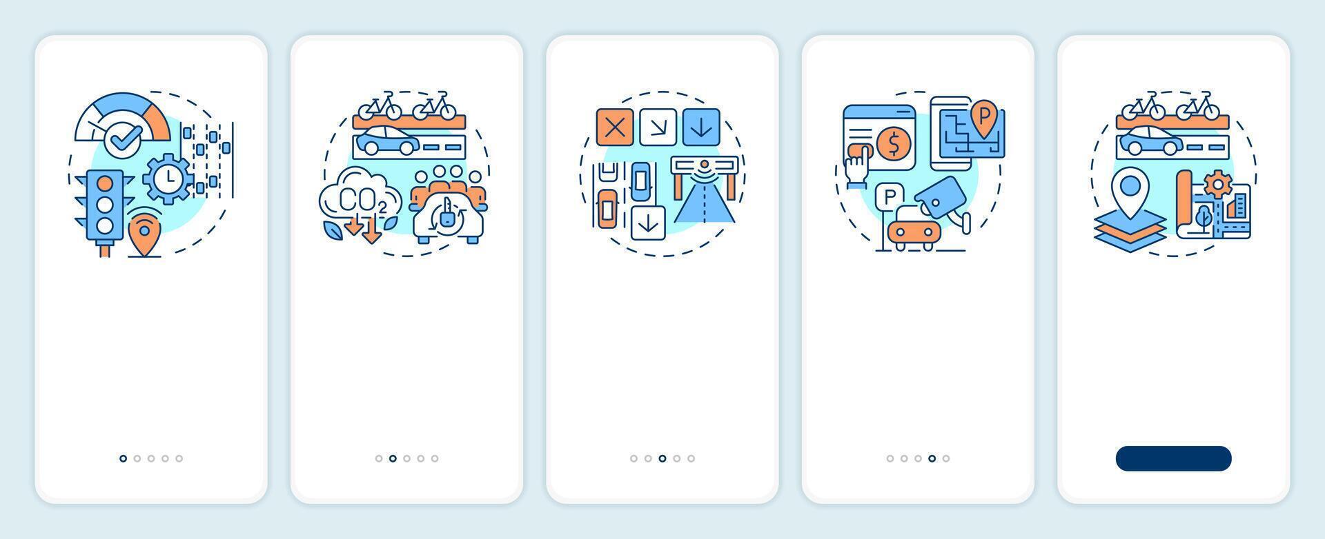 Benefits of traffic management onboarding mobile app screen. Walkthrough 5 steps editable graphic instructions with linear concepts. UI, UX, GUI template vector