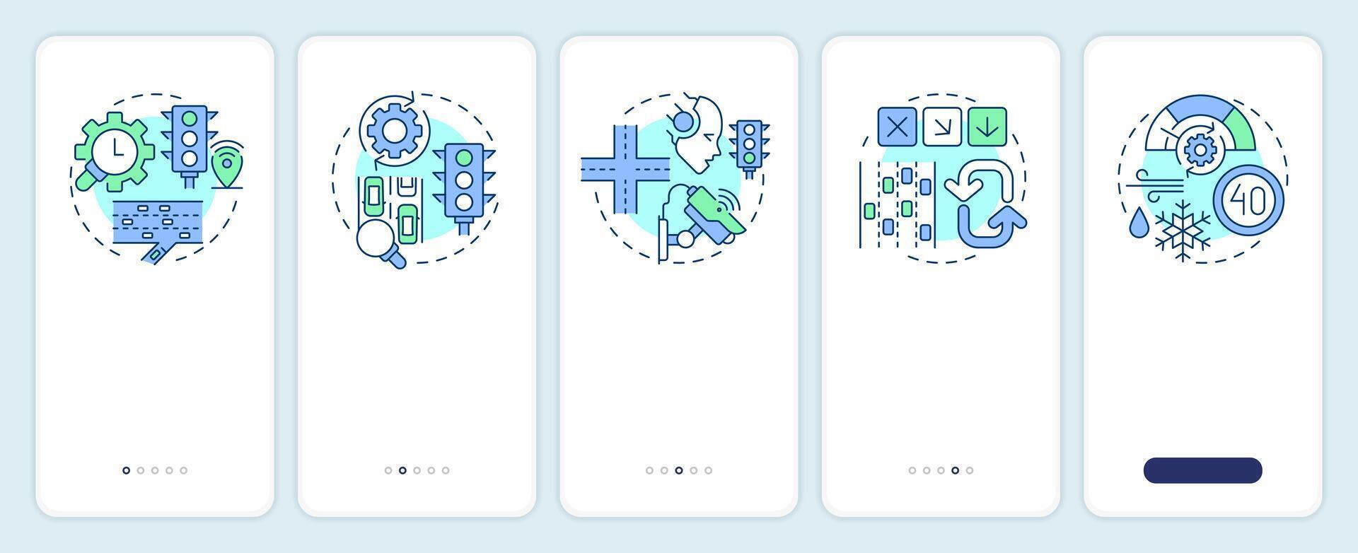 Traffic management strategies onboarding mobile app screen. Walkthrough 5 steps editable graphic instructions with linear concepts. UI, UX, GUI template vector